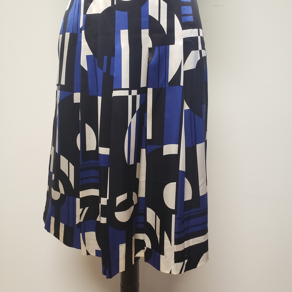 Silk Geometric Blue and Black Wide Pleated Skirt